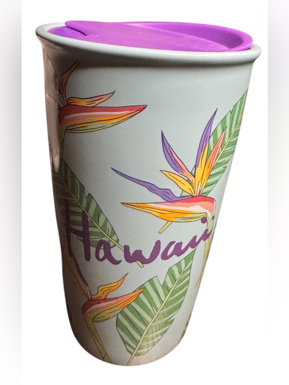 Starbucks Hawaii Bird of Paradise Ceramic Travel Tumbler 12oz with Purple Lid